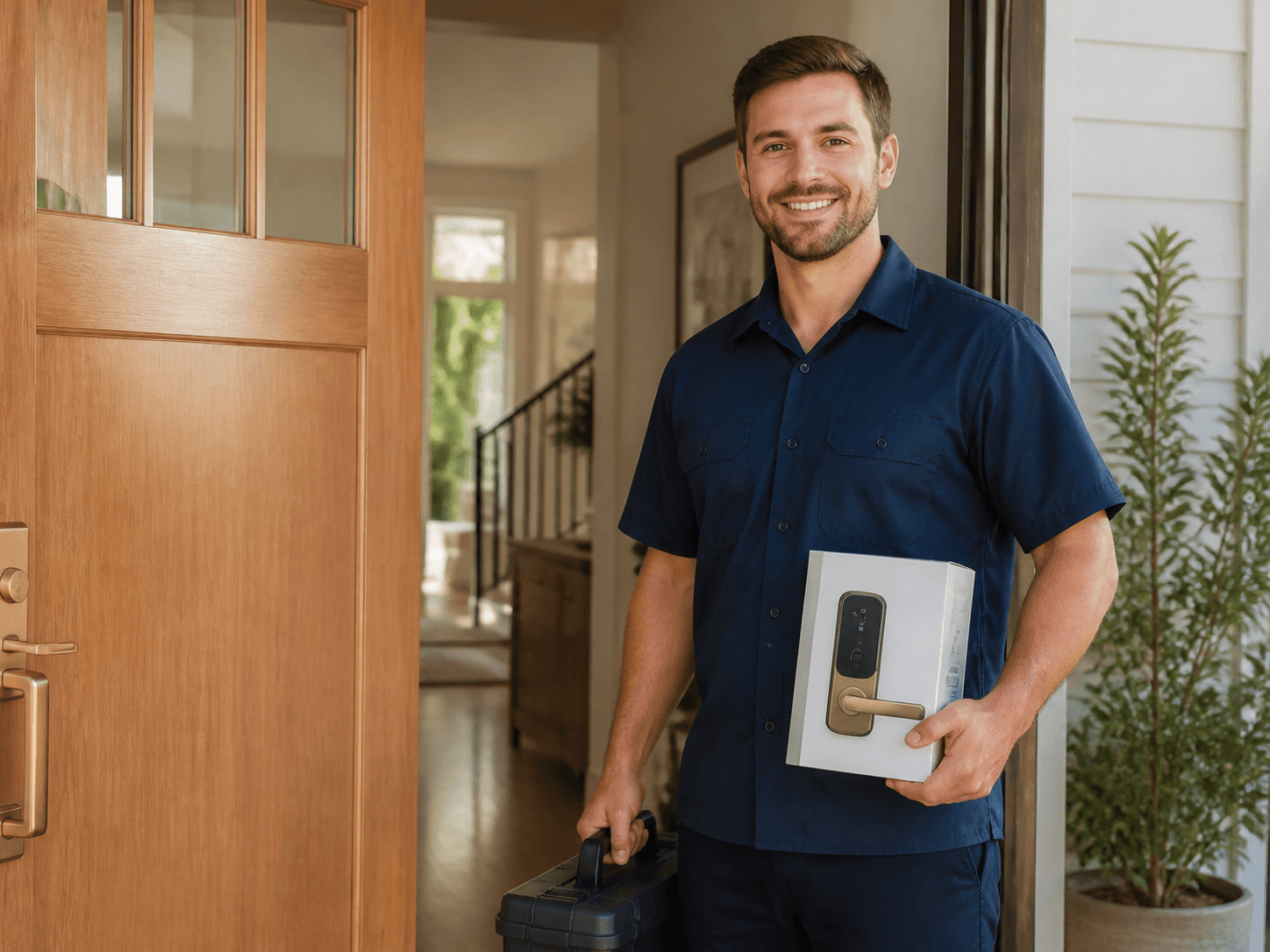 Professional home-service technician arriving with new door hardware